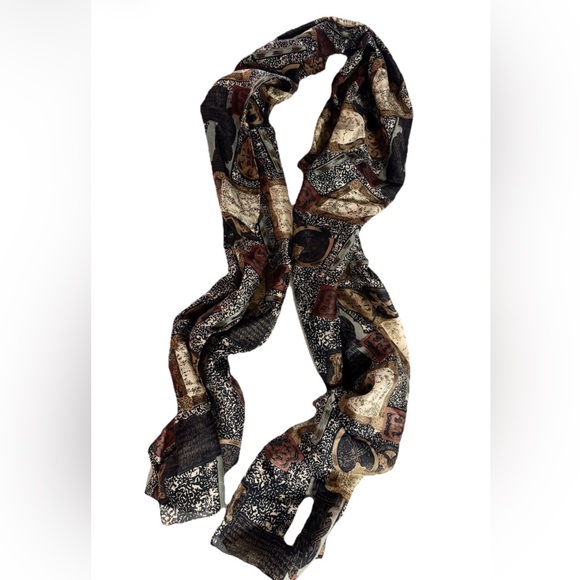 Vintage Accessories - Vintage Black and Brown Artistic silk Scarf